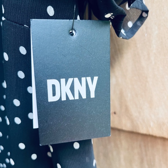DKNY Womens Short Sleeve V-Neck Empire Waist Midi Black White Polka Dot - Picture 13 of 17
